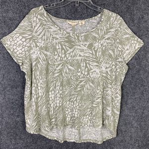 Christian Siriano 100% Linen Leaf Print Top Short Sleeve Sz 1X Asymmetrical Hem